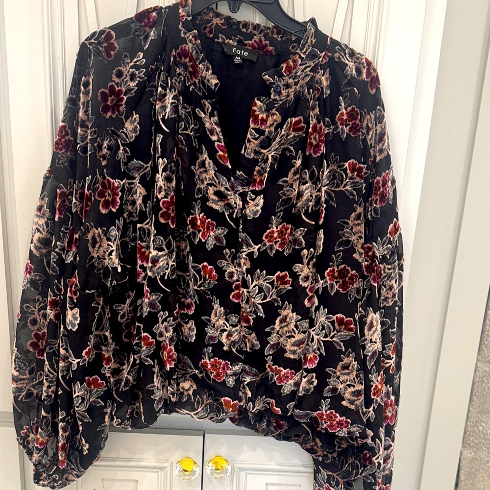 Fate Women's Black Blouse with Red Floral Design